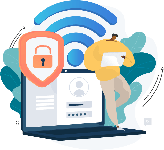 graphic of  a person sitting near a lock and a wi-fi signal