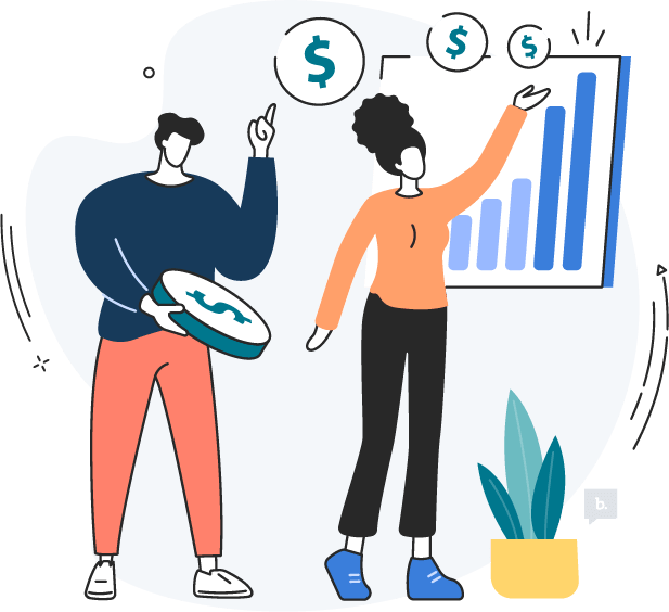 graphic of two people holding large coins near a bar graph