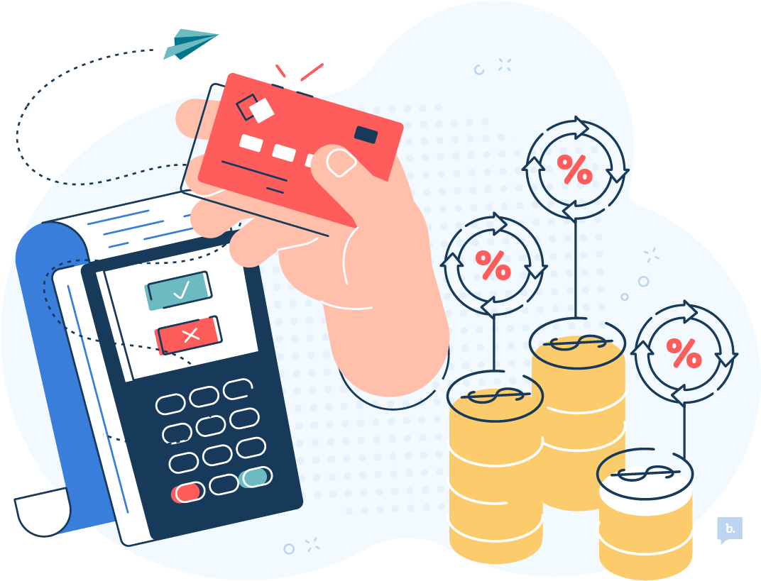 graphic of coins and a credit card processor