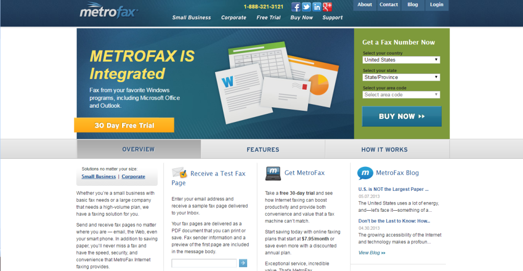 MetroFax homepage screenshot