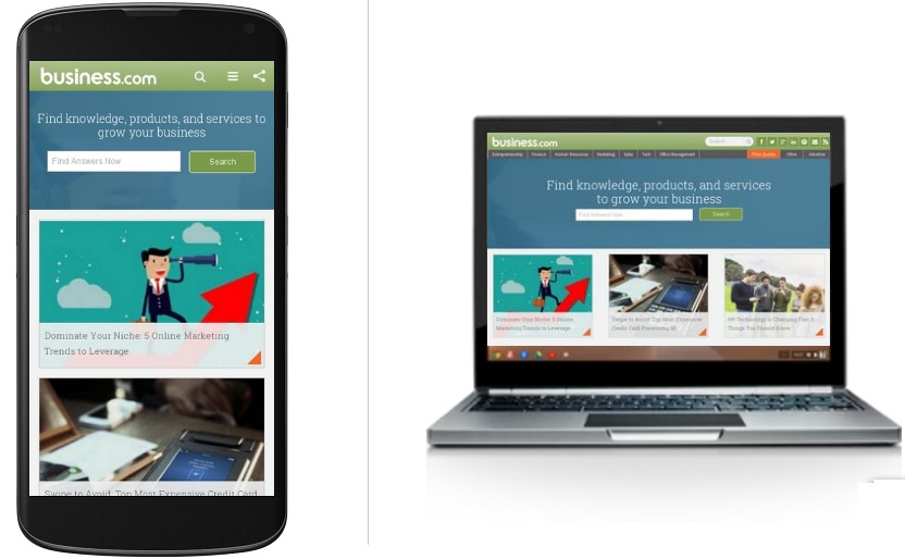 Examples of business.com site on mobile device and online