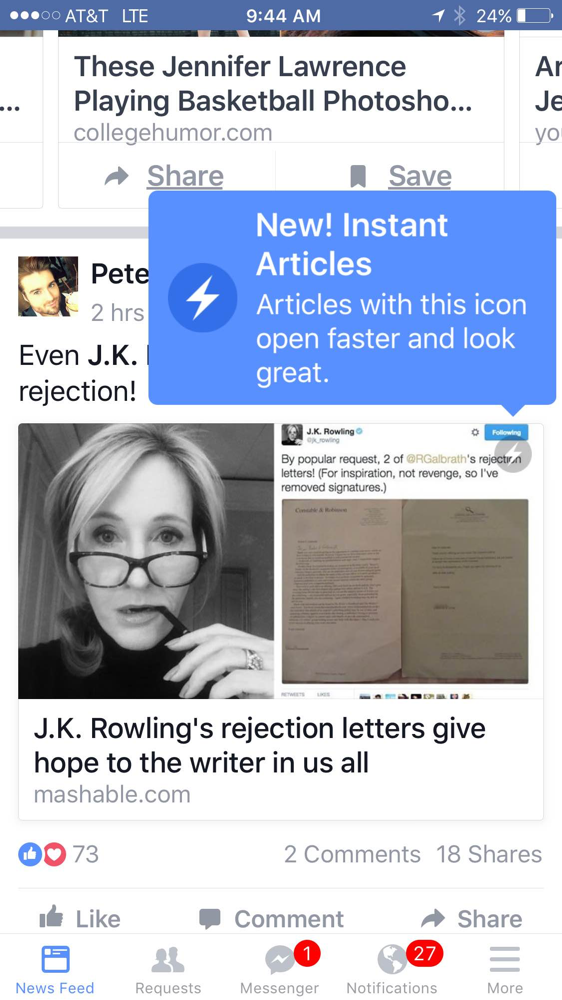 Mobile phone view of J.K. Rowling's rejection letter story from mashable.com