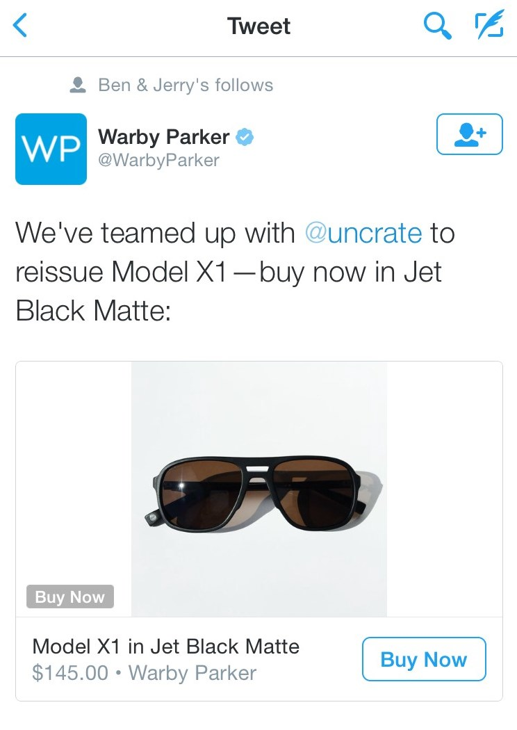 example of Warby Parker tweet buy now button