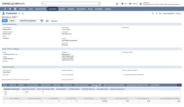 Oracle NetSuite customer dashboard