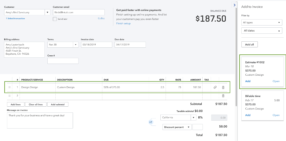 Quickbooks invoice partial payments